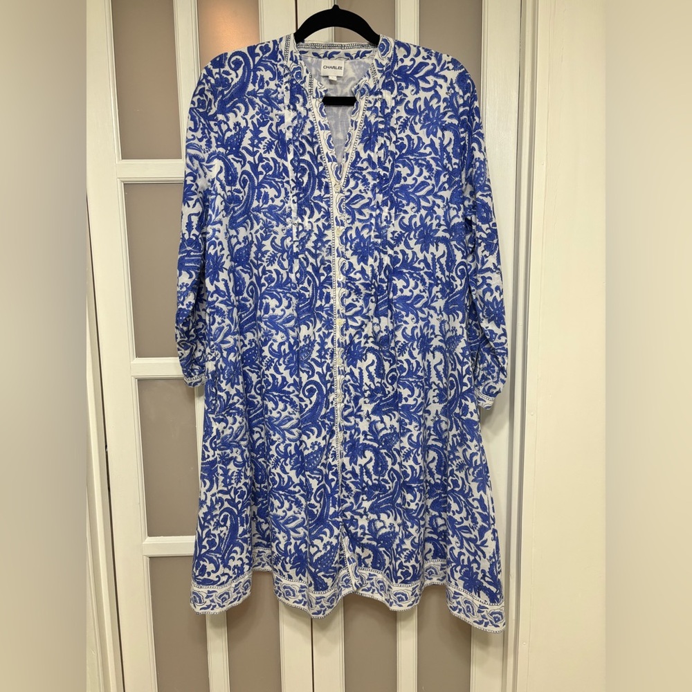 Charlee Blue White Floral Print Tunic Dress Size Large Boho Resort Beach